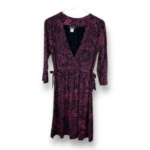 Athleta M Med Faux Wrap Dress Stretchy Wine &‎ Black Print 3/4 Sleeve